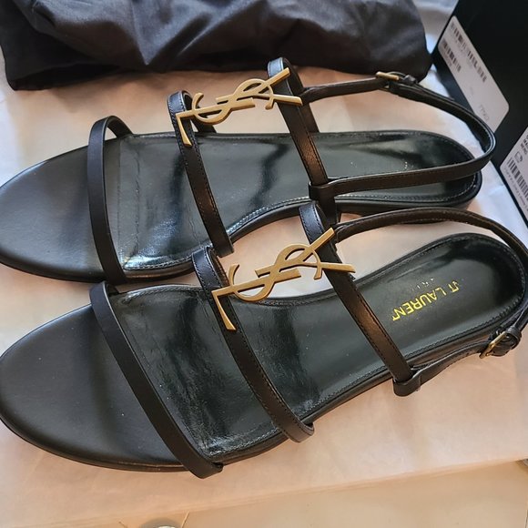 YSL Saint Laurent Cassandra Flat Leather Sandal Black With Gold Ysl LogoSz 39.5 - Picture 10 of 16